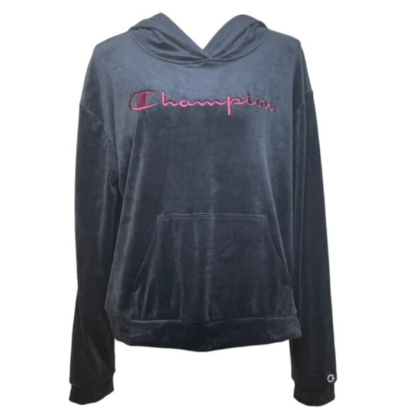 Champion Tops - CHAMPION Black Velour Pullover Hooded Sweatshirt - Size Large
